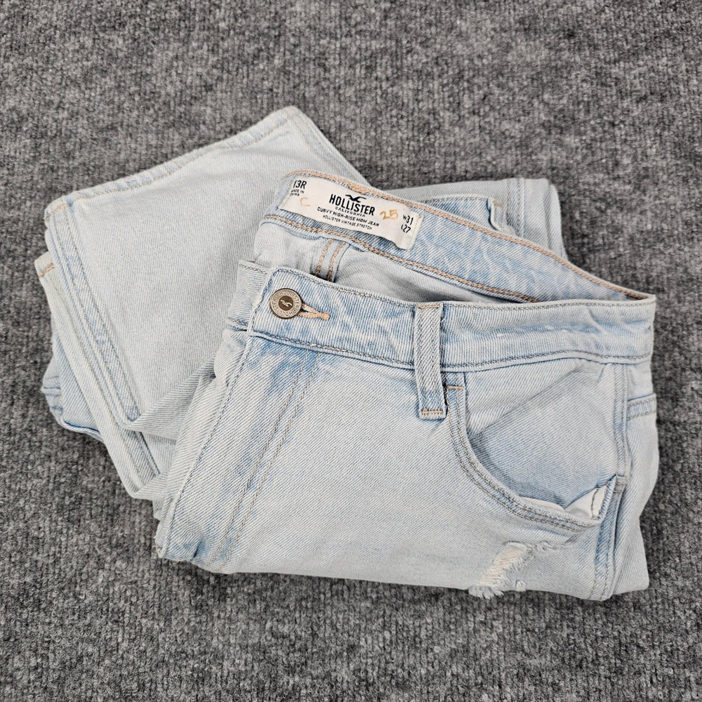Hollister Curvy High Rise Mom Jeans Womens 13R W31 L27 Light Wash Distressed